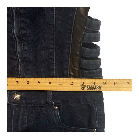 Retro Dark Blue Denim Romper M Chic Faux Leather Trim Side Cutout Full Front Zip - Picture 6 of 15